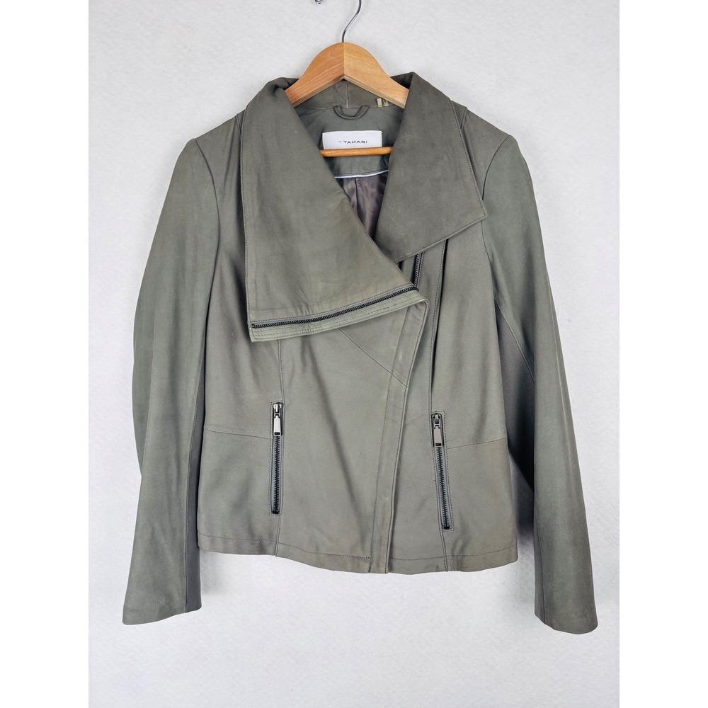 T Tahari Lamb Leather Moto Jacket Size S Grey Asymmetrical Zip Biker Edgy Y2K